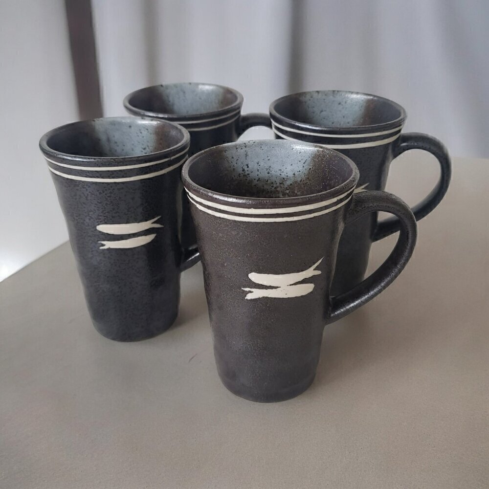 Stoneware Black Matte Glazed Tea Coffee Mugs Set of 4 Primitive Fish Design